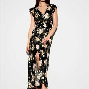 Old Navy Black Floral V-Neck Maxi Dress with Pink Flowers